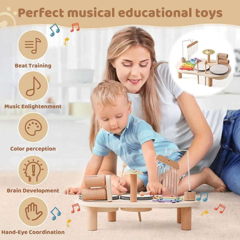 Wooden musical educational toy set with colorful aeolian bells montessori percussion instruments and mallets newborn birthday gift