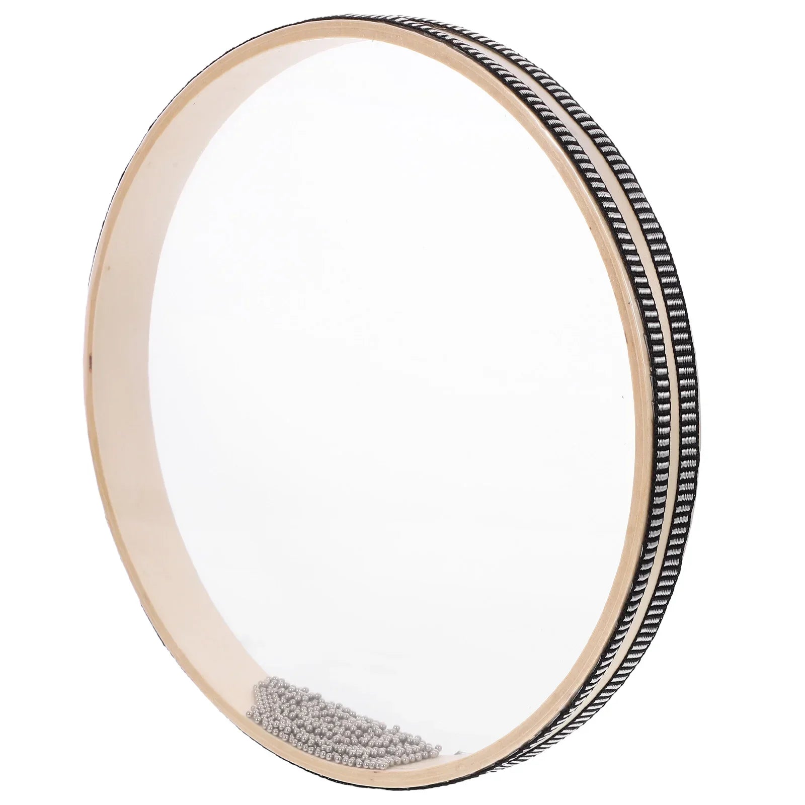Circular wooden baby montessori ocean bead hand drum with black and white striped edge and metallic beads inside for toys early learning