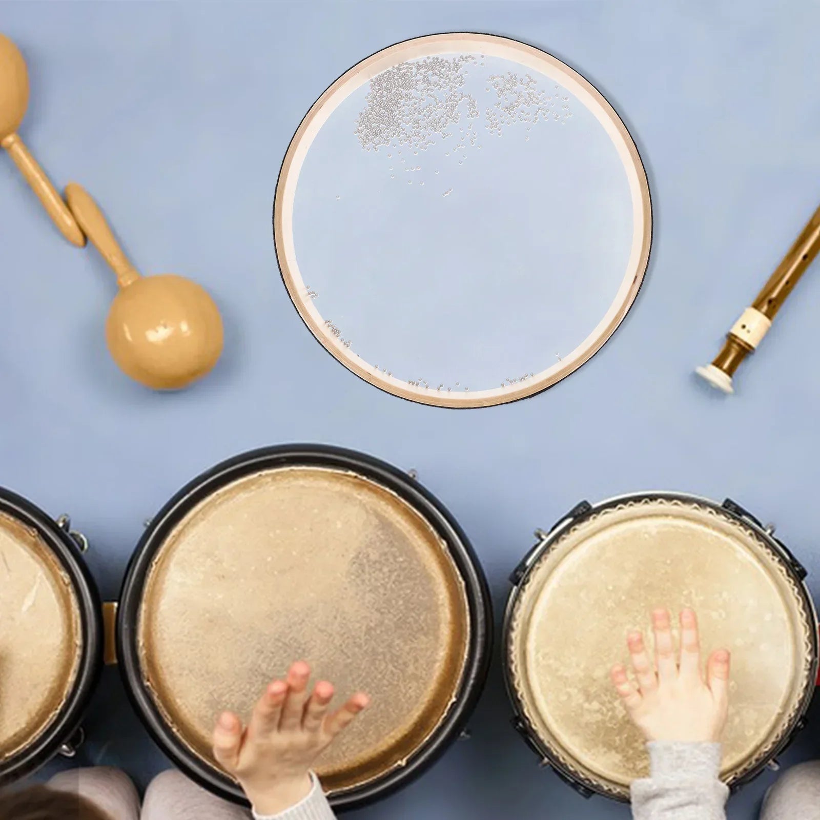 Light blue baby montessori ocean bead hand drum with textured drumhead and beige rim for toys early learning music