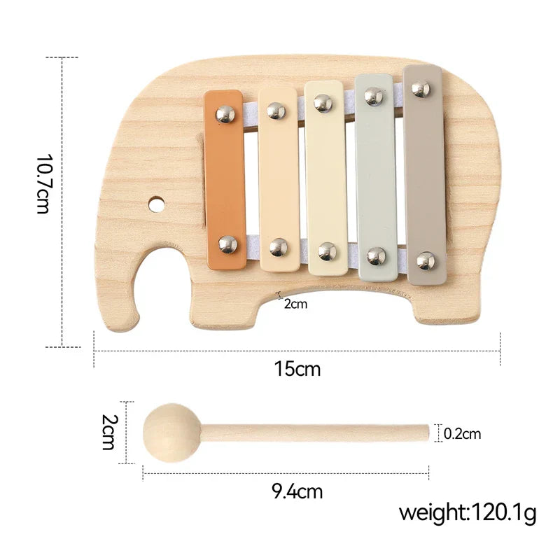 Wooden baby montessori toy cartoon elephant percussion xylophone with five pastel bars and matching mallet for early sensory educational play