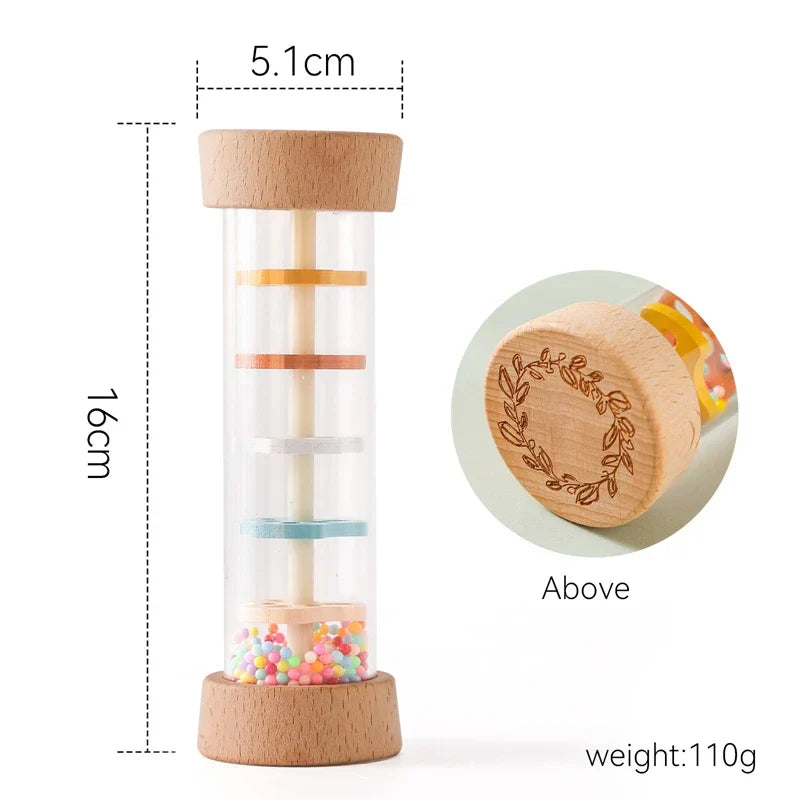 A 16cm wooden sensory baby montessori toy with clear glass center colorful beads and engraved leafy wreath designs