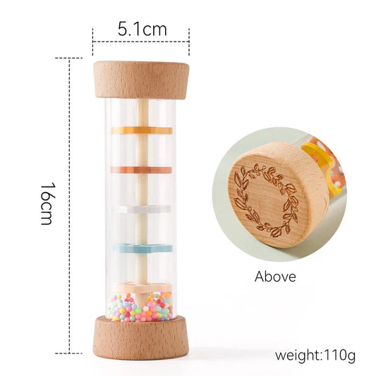 A 16cm wooden sensory baby montessori toy with clear glass center colorful beads and engraved leafy wreath designs