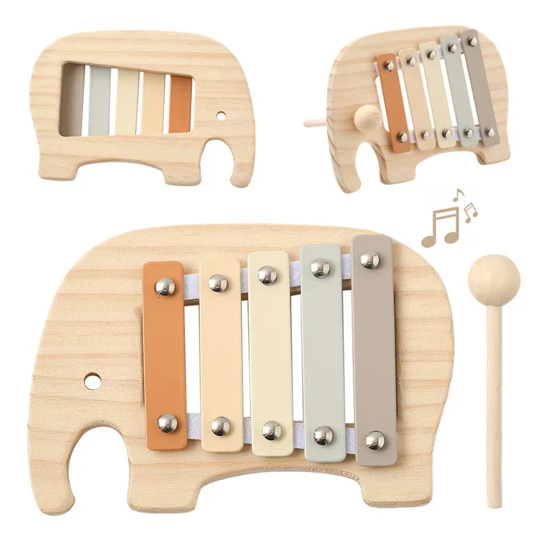 Wooden baby montessori toy cartoon elephant percussion xylophone with pastel bars and silver tuning pins for early sensory educational use