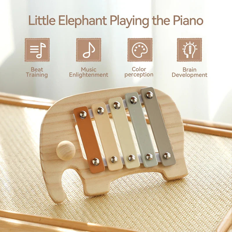 Wooden baby montessori toy cartoon elephant percussion xylophone with five colored bars for early sensory educational use