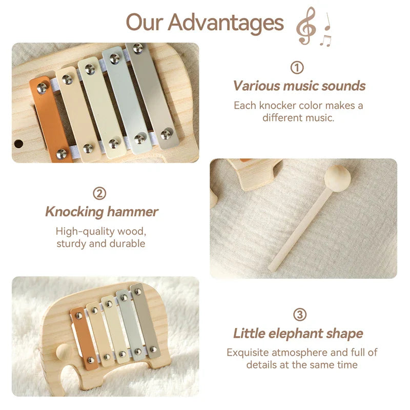 Wooden baby montessori toy cartoon elephant percussion xylophone with five colored keys for early sensory educational play