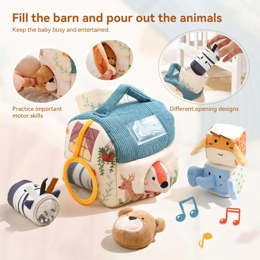 Soft plush baby montessori toy barn with blue corduroy roof cream walls and animals musical touch features