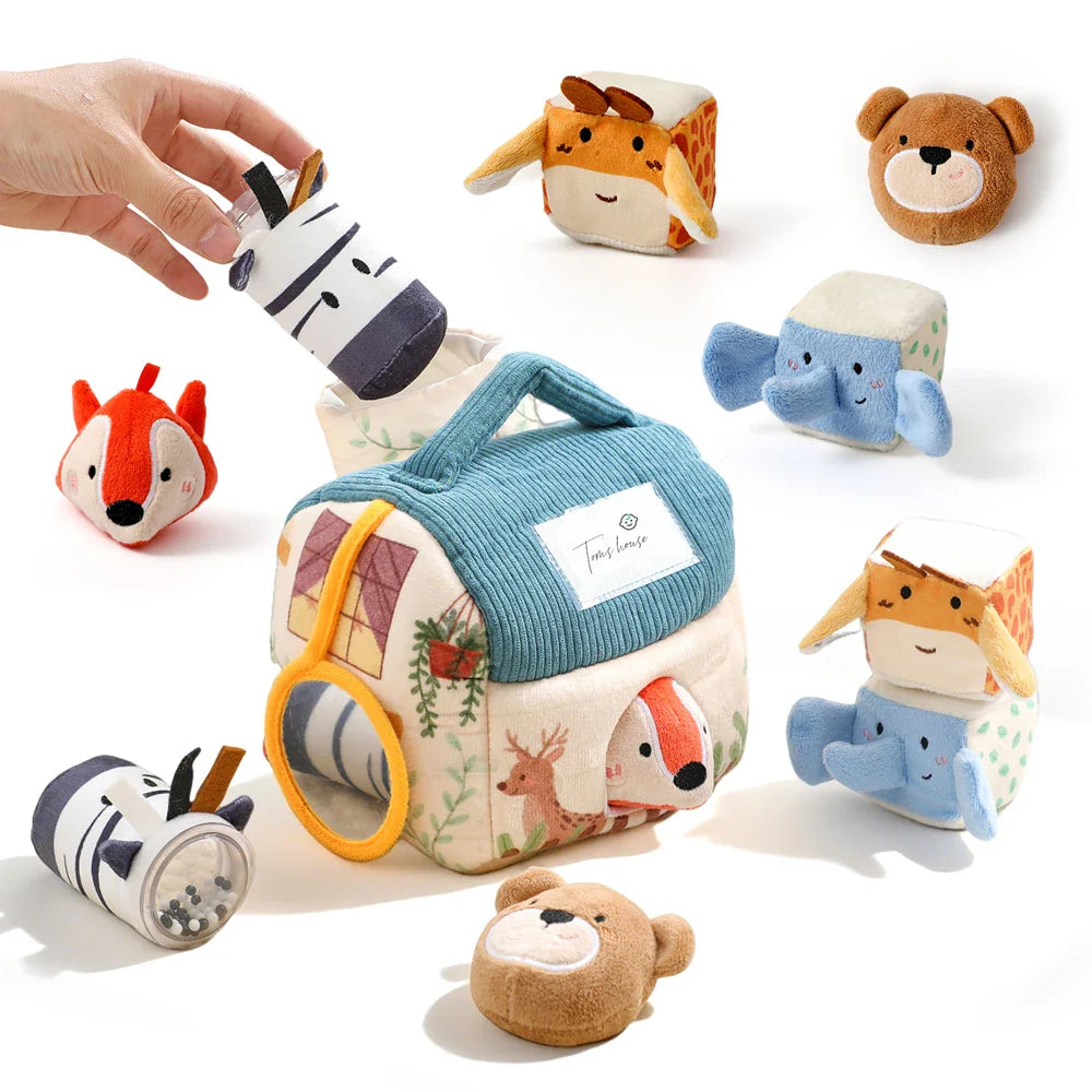 Cotton fabric baby montessori toy plush barn with embroidered animal faces and blue corduroy roof for farmhouse cognition toy