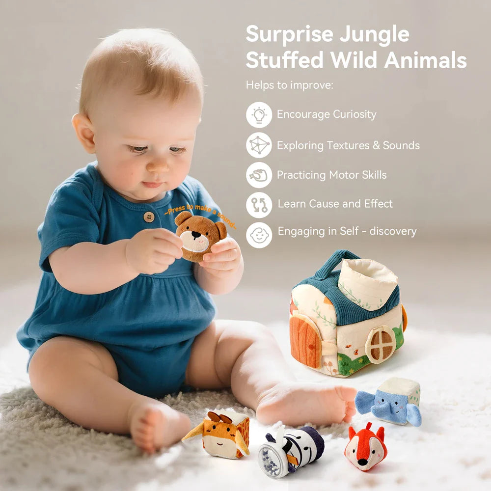 Soft plush baby montessori toy with brown bear blue elephant and colorful animals musical touch farmhouse cognition toy