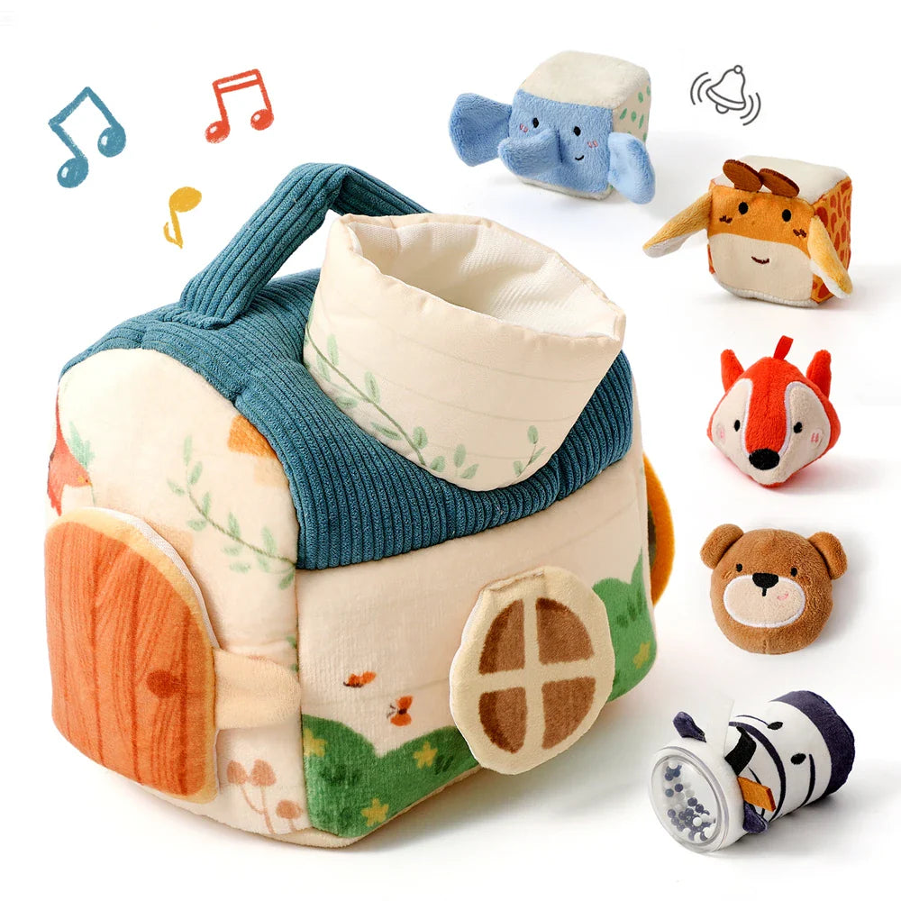 Cute cream-colored plush baby montessori toy barn with teal corduroy roof orange door and animals musical touch sides