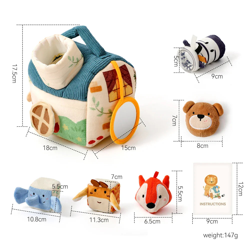 Beige and teal baby montessori toy plush barn with embroidered windows, fabric handle, mirror, and animals musical touch features