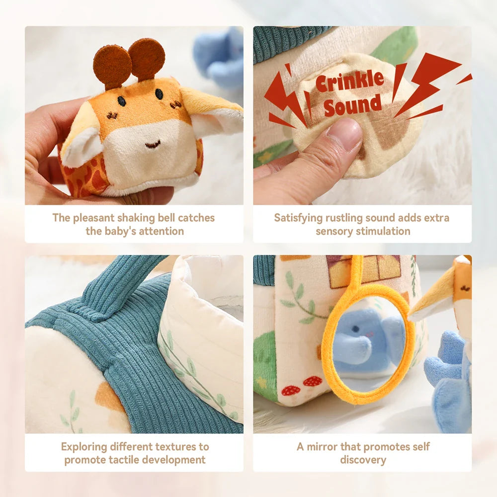 Soft plush giraffe baby montessori toy in orange and cream with animals musical touch and farmhouse cognition features