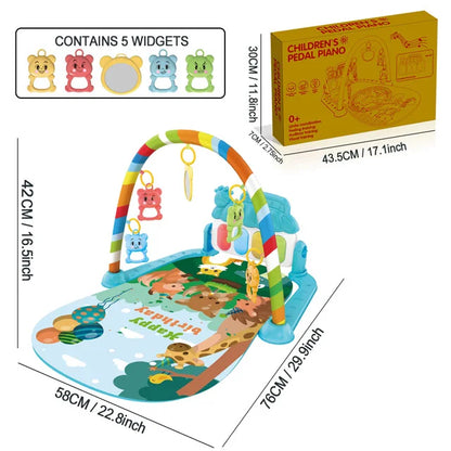 Colorful striped arch with hanging animal-shaped toys over a blue jungle-themed baby music activity gym play mat