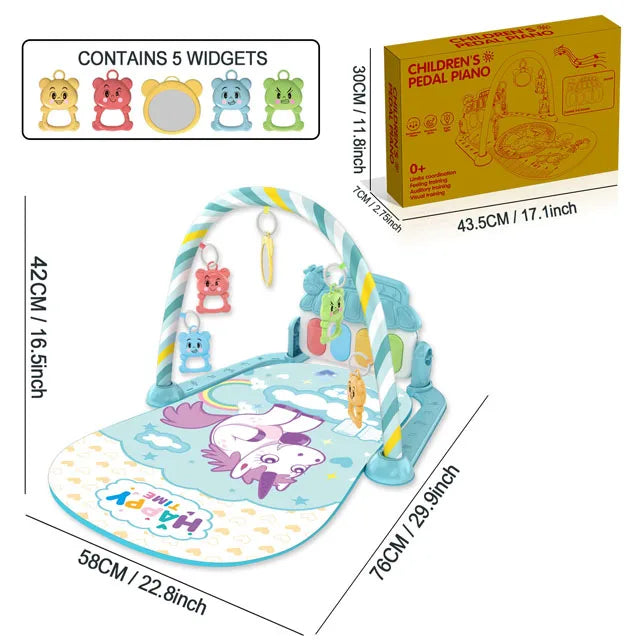 Blue and white unicorn-themed baby pedal piano with colorful bear-shaped widgets on arch for infant play and fitness