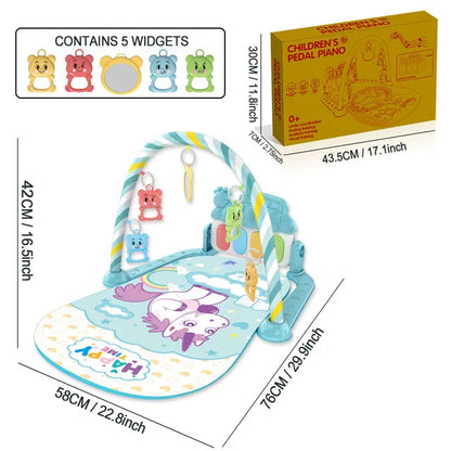Blue and white unicorn-themed baby pedal piano with colorful bear-shaped widgets on arch for infant play and fitness