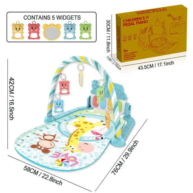 Colorful plastic baby music activity gym rug play mat with giraffe monkey design and arched overhead animal toys