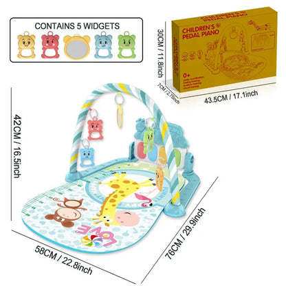 Colorful plastic baby music activity gym rug play mat with giraffe monkey design and arched overhead animal toys
