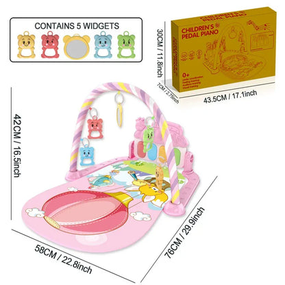 Pink children’s pedal piano with colorful animal widgets and soft padded play mat for infant play and fitness activities