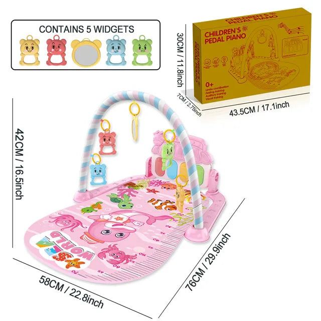 Pink children’s pedal piano play mat with colorful animal widgets and striped arch for infant fitness and play