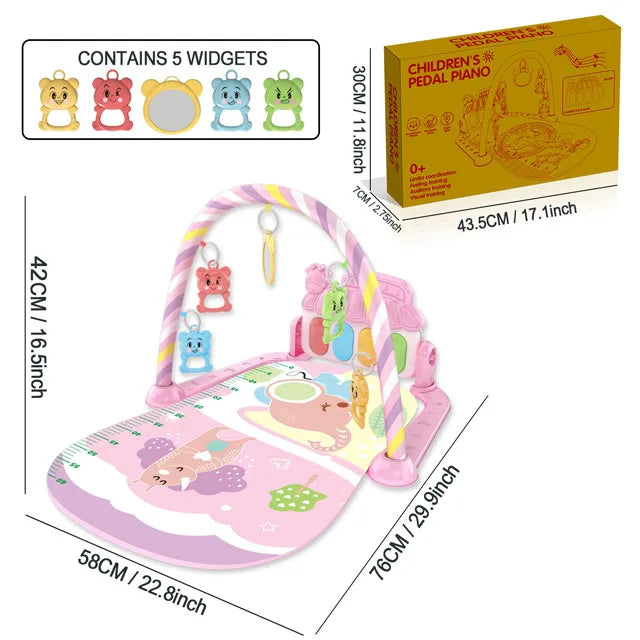 Pink children’s pedal piano playmat with colorful bear widgets and striped arch for infant fitness and crawling games
