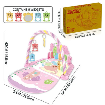 Pink children’s pedal piano playmat with colorful bear widgets and striped arch for infant fitness and crawling games