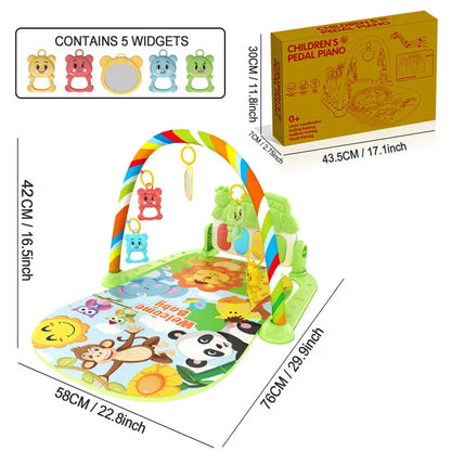 Colorful baby music activity gym rug play mat with pedal piano keyboard and cartoon animal designs for infant play