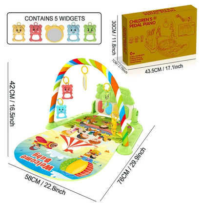 Colorful rainbow-arched baby music activity gym pedal piano with plush animal toys on a cartoon-themed play mat