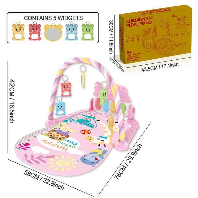 Pink children’s pedal piano play mat with colorful animal decorations and hanging bear-shaped toys for infant activity