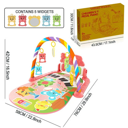 Colorful plastic baby music activity gym pedal piano with cartoon animals and hanging bear-shaped toys on play mat
