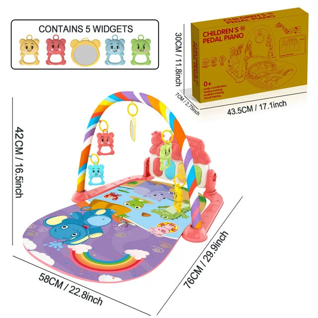 Colorful rainbow-arched baby music activity gym rug play mat with pedal piano keyboard and plush animal toys on cartoon surface