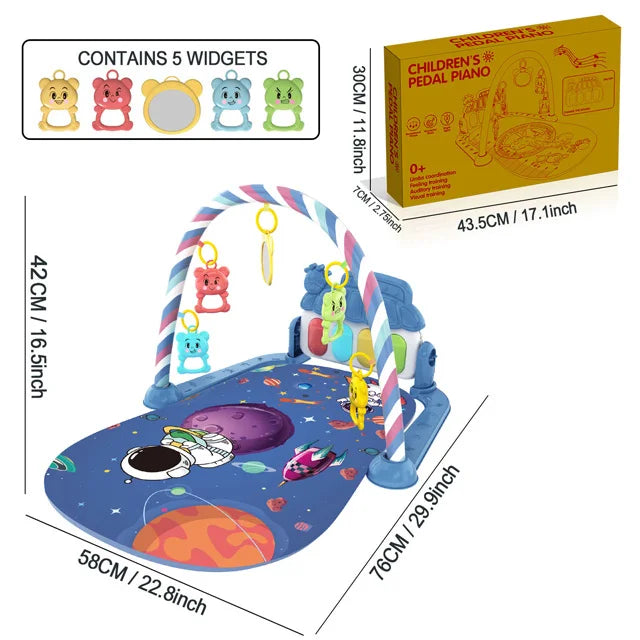Blue children’s pedal piano playmat with colorful cartoon characters and a striped archway for infant play and fitness