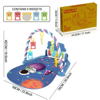 Blue children’s pedal piano playmat with colorful cartoon characters and a striped archway for infant play and fitness