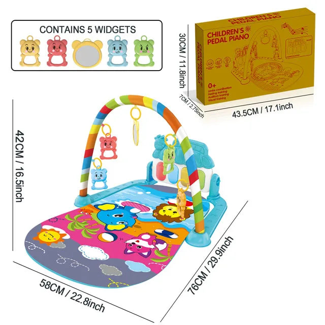 Colorful plastic baby music activity gym play mat with cartoon animals and hanging toys for infant fitness and play