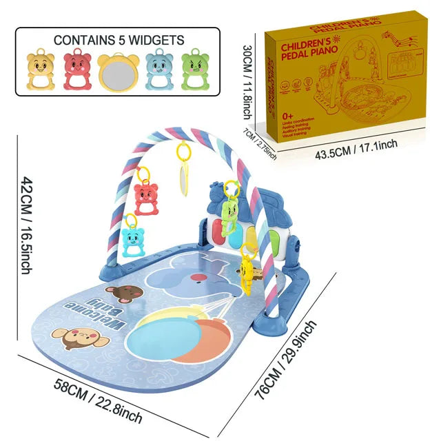 Blue plastic children’s pedal piano with colorful bear and animal widgets on an arched activity gym play mat