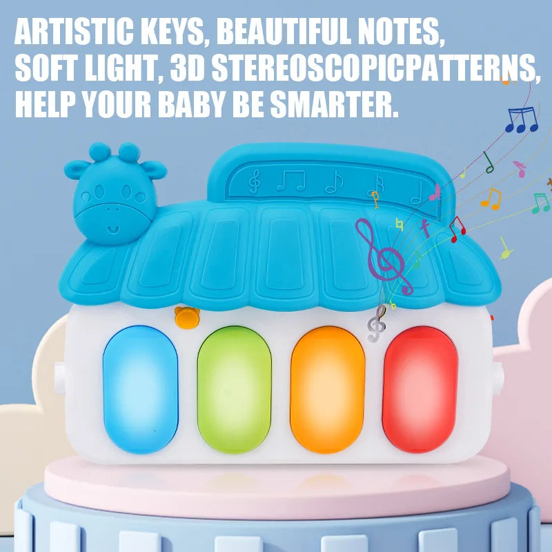 Blue giraffe-themed baby musical toy with four colorful illuminated keys for infant fitness and playmat activities