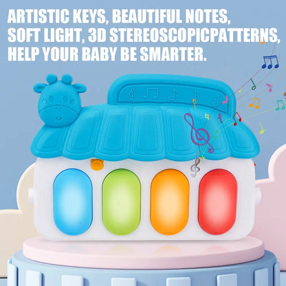Blue giraffe-themed baby musical toy with four colorful illuminated keys for infant fitness and playmat activities