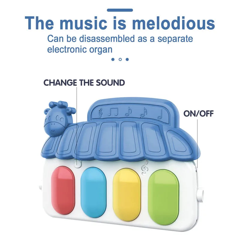Blue plastic toy organ with giraffe head and four colorful oval keys for baby music activity gym play mat