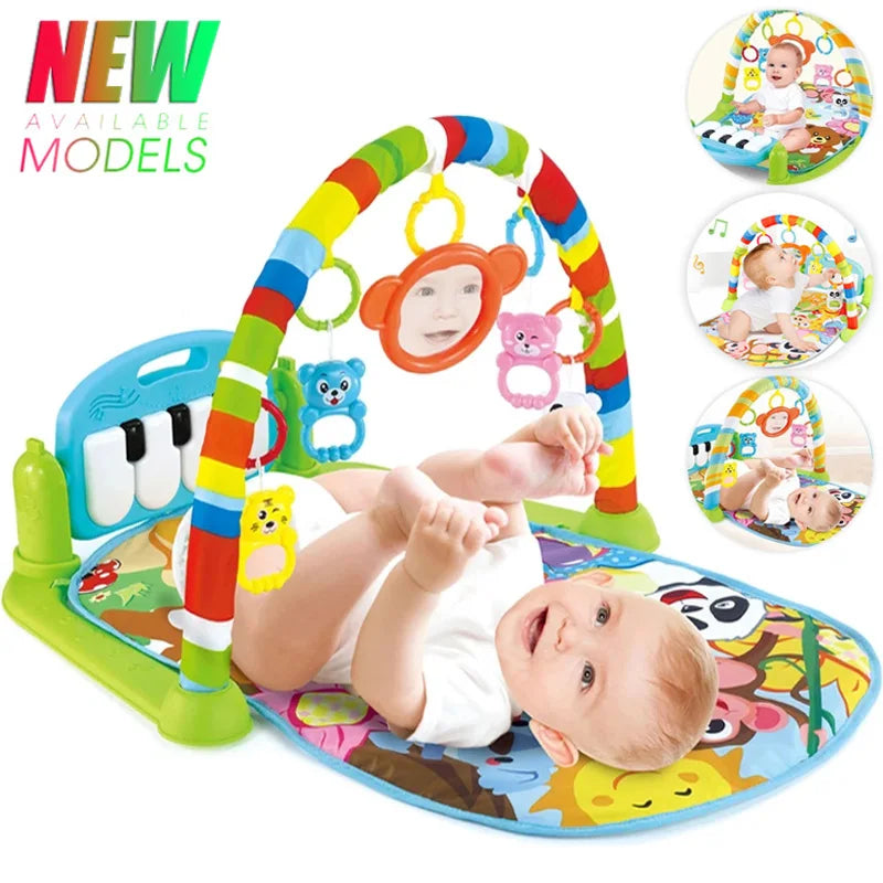 Baby music activity gym rug play mat with colorful rainbow arch plush toys and built-in piano keyboard for infants
