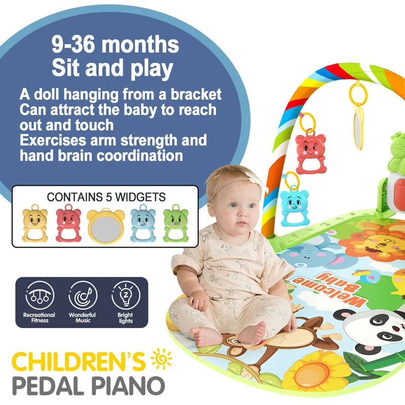 Colorful soft-play baby music activity gym rug with cartoon animals and rainbow arch with hanging plush toys