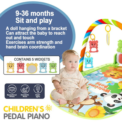 Colorful soft-play baby music activity gym rug with cartoon animals and rainbow arch with hanging plush toys