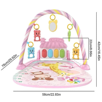 Pink baby music activity gym play mat with striped arch colorful animal toys and soft giraffe monkey mat for infants