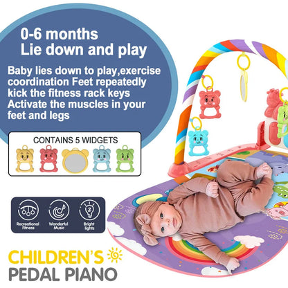 Rainbow-colored baby music activity gym play mat with soft plush surface and archway featuring hanging bear toys