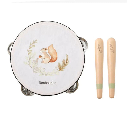 A white wooden tambourine with a squirrel illustration, silver jingles, and black trim for baby music enlightenment
