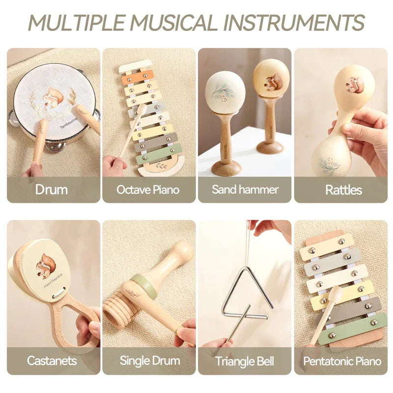Wooden octave piano with pastel-colored keys and natural wood finish for montessori educational toys baby music enlightenment