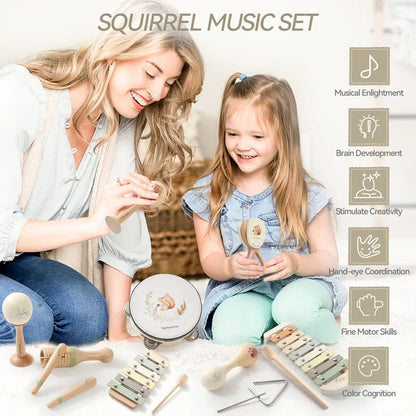 Wooden squirrel-themed enlightenment instruments wooden percussion set with natural finish and painted metal keys for baby music enlightenment and montessori educational toys