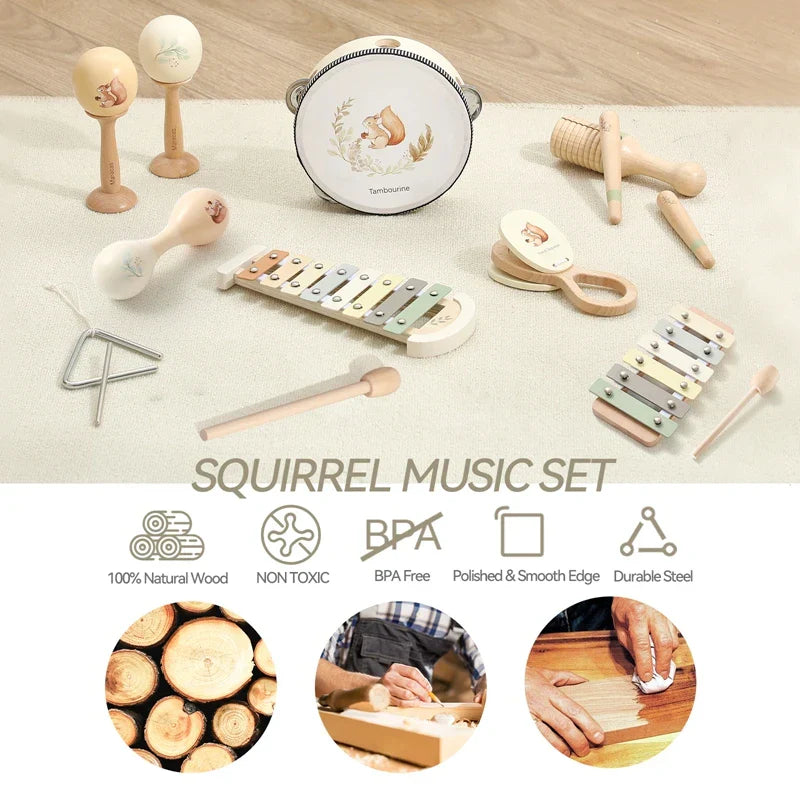 A charming white tambourine with squirrel illustration and wood rims for baby music enlightenment and montessori toys