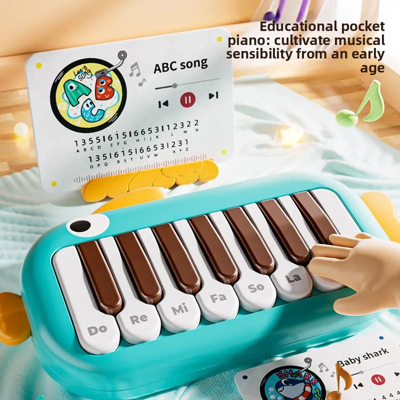 Teal plastic baby music instruments montessori electronic pocket piano with labeled brown and white keys for toy learning educational use
