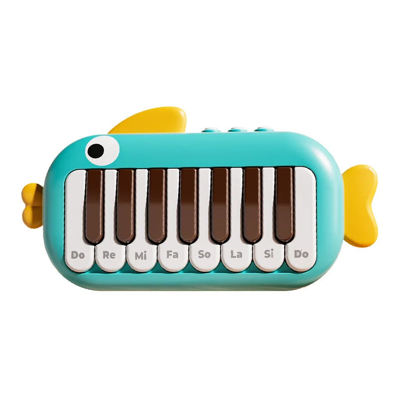 Teal and yellow fish-shaped baby music instruments montessori electronic piano with labeled keys for toy learning educational use