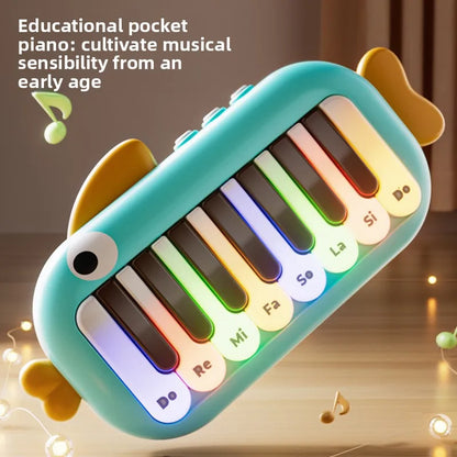 Turquoise fish-shaped baby music instruments pocket piano keyboard with colorful illuminated keys for educational use