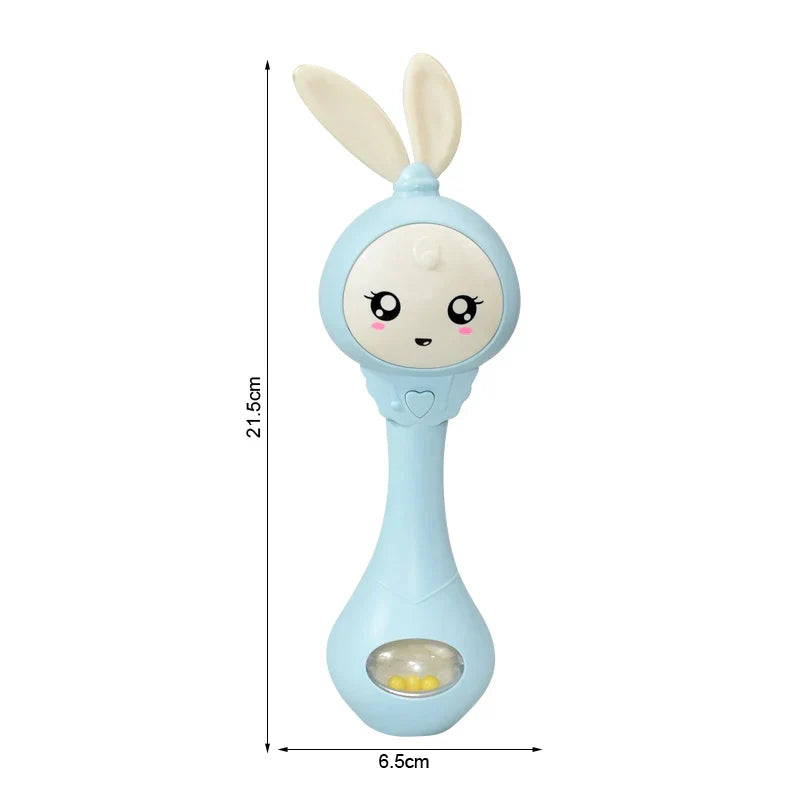 Light blue plastic baby music teether shaped like bunny with white ears and yellow beads for education mobile cot use