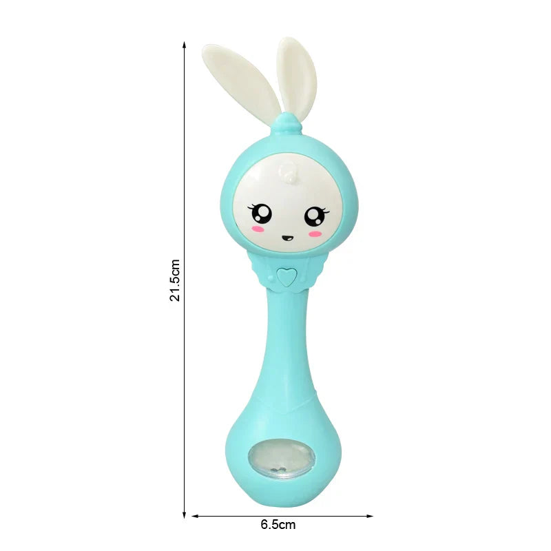 A light blue bunny-shaped baby music teether with white ears and heart handle designed for education mobile cot and crib infant pacifier use
